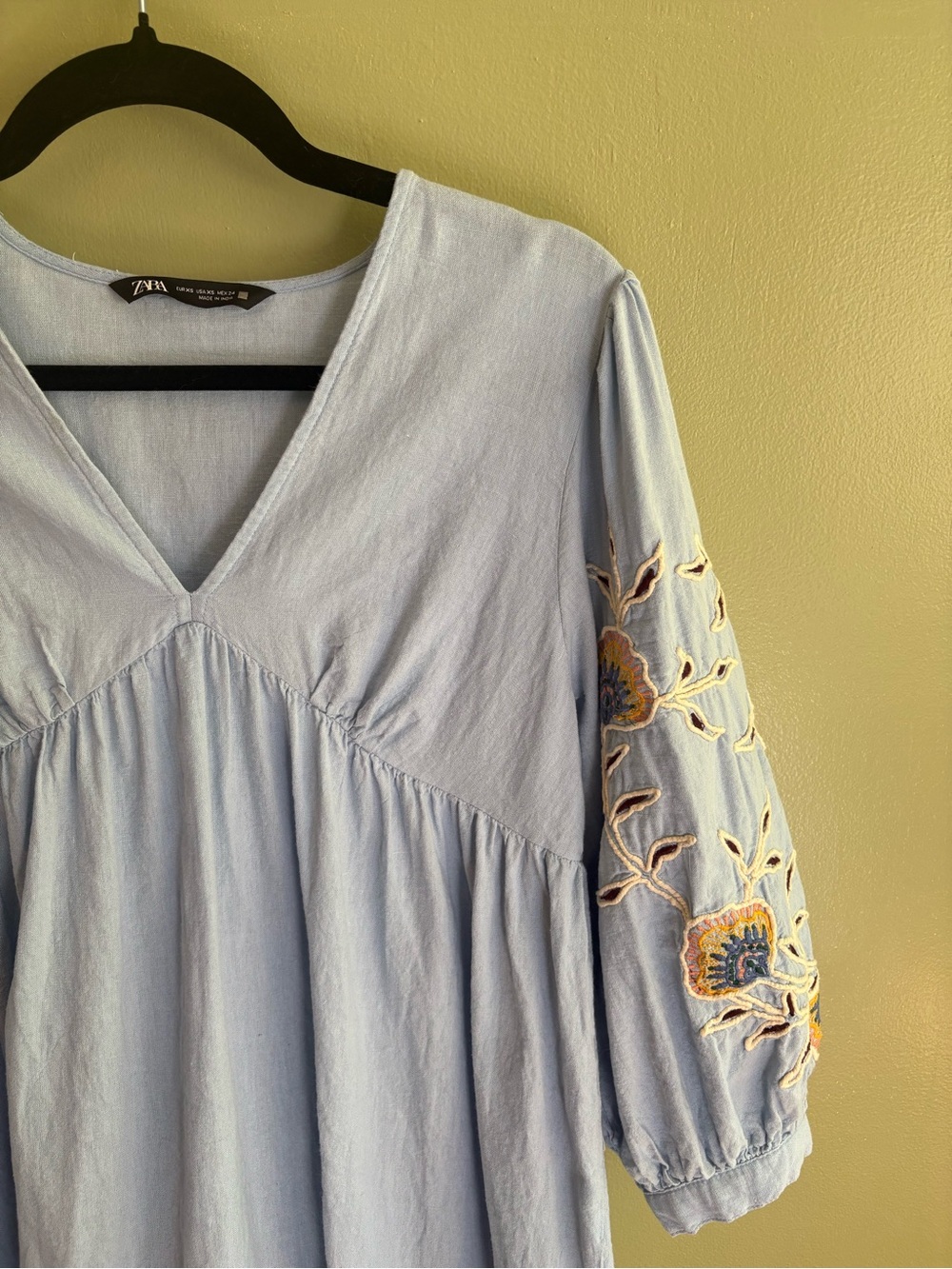 Zara XS Blue Embroidered Cotton Linen Babydoll Mini Dress Boho